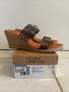 Andre Assous Brown Snake Print Espadrille Wedge Sandals